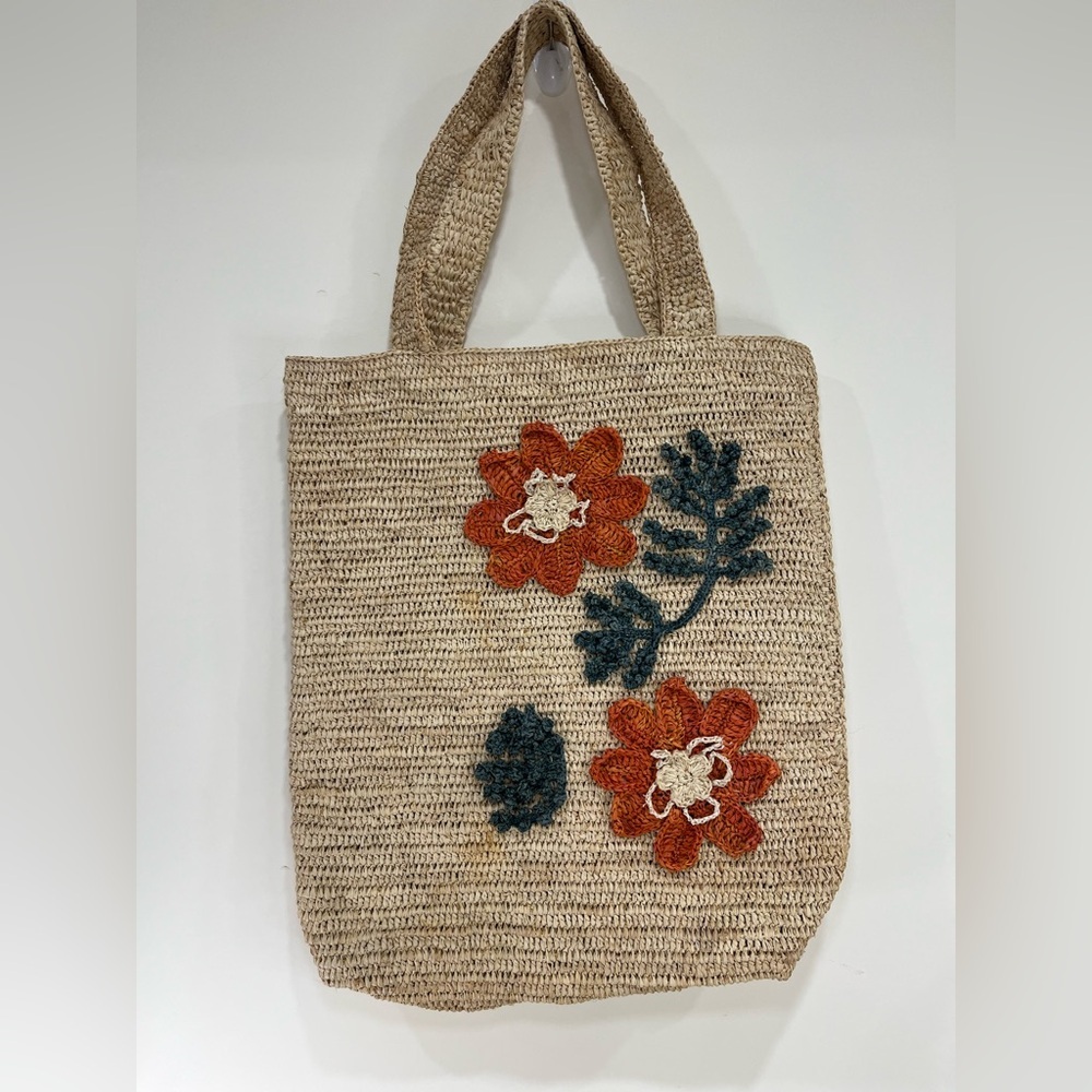 Raffia Crochet Oversized Summer Beach Tote Bag with Floral Design - Picture 2 of 11